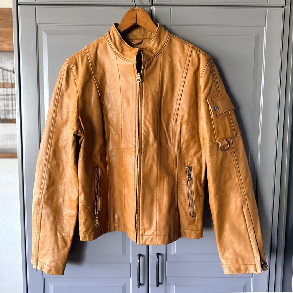 Wilsons Leather Vintage Women Maxima Zip Moto Jacket, Tan, M
